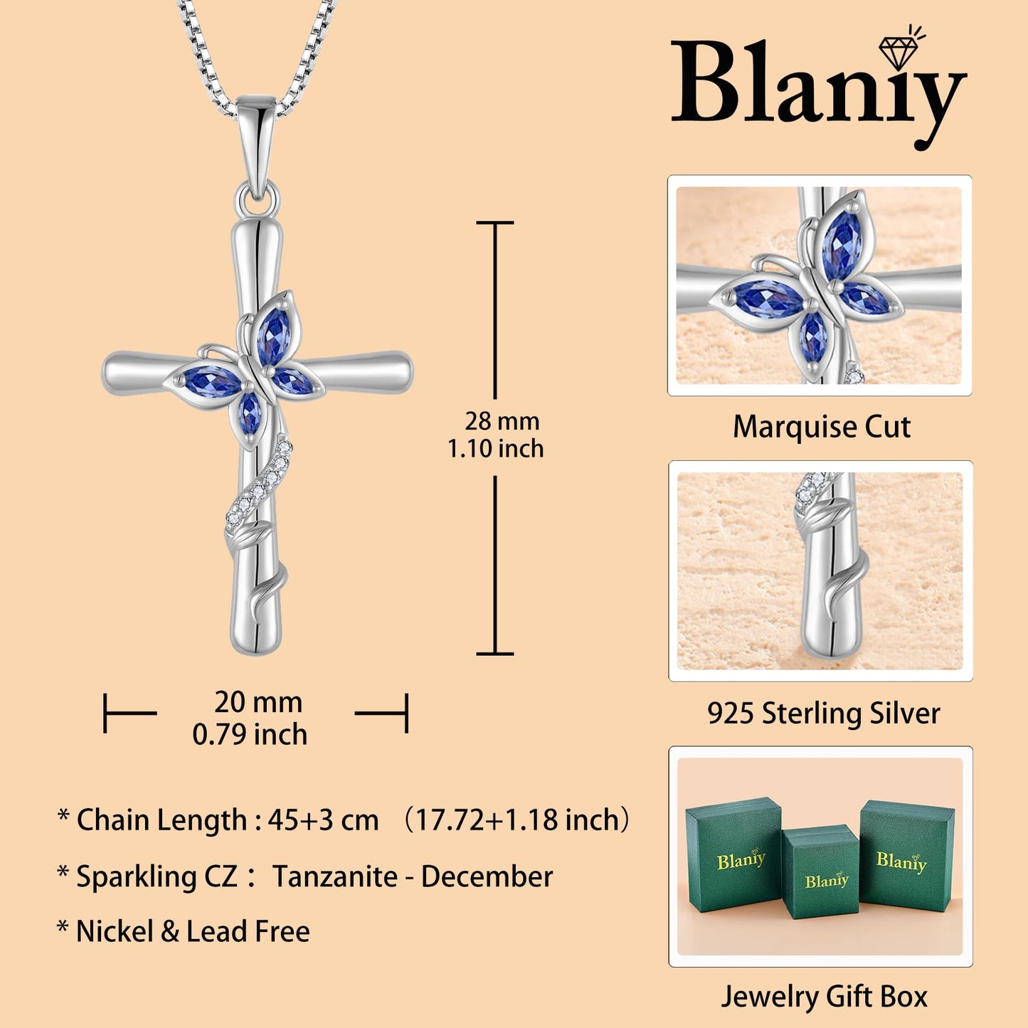 Blaniy Cross Necklace for Women 925 Sterling Silver Butterfly Necklace Tanzanite Pendant Necklaces December Birthstone Jewelry Gifts for Women