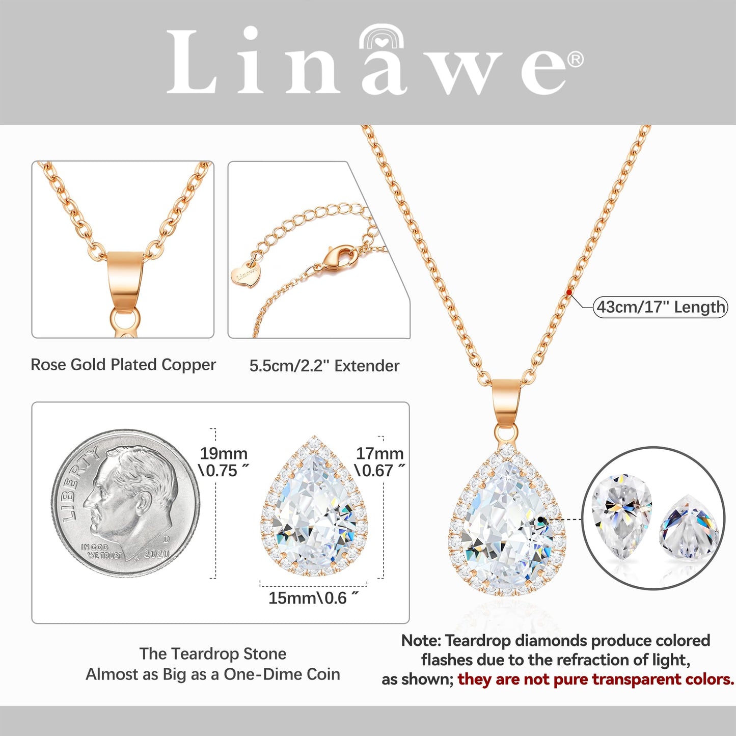 Linawe Crystal Chain Necklace for Women Rose Gold, Dainty Imitation Diamond Pendant Moonstone Moissanite Necklace, Cubic Zirconia Wedding Bride Teardrop Necklace Set