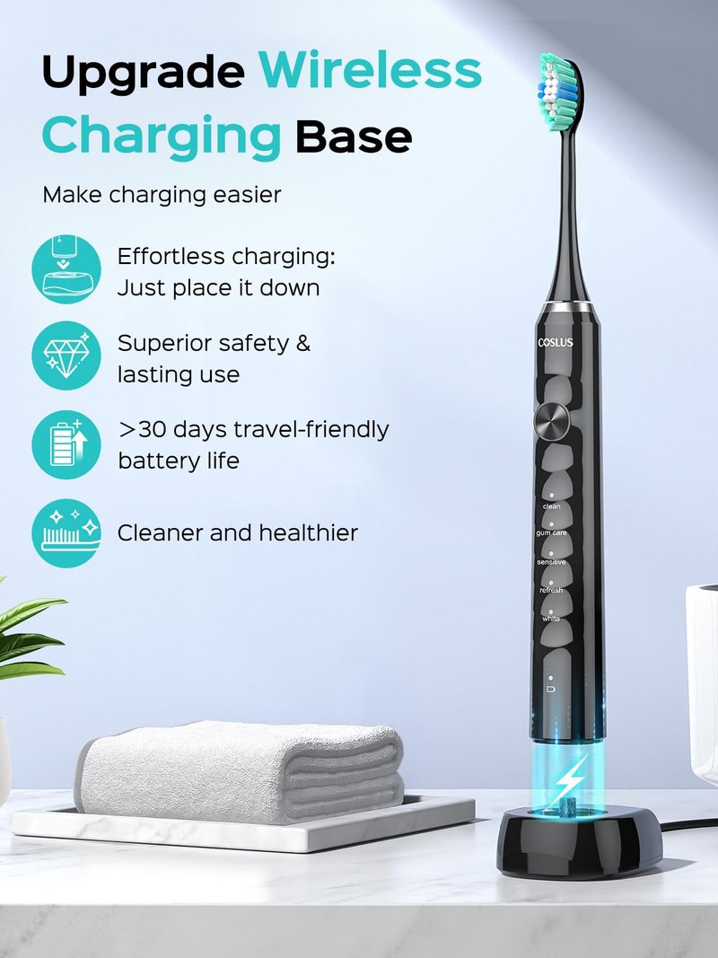 COSLUS C40 Sonic Electric Toothbrush for Adults: 47000 VPM for Deep Cleaning & Whitening with Travel Case - 5 Modes for Sensitive Teeth & Braces, Wireless Charging, 6 Brush Heads, Black & Pink (2PCS)