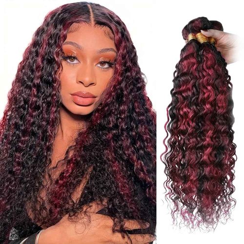 Fabimiya 24 26 28 inch Burgundy P1B/99J Deep Wave Human Hair Bundles Wine Red Human Hair Bundles Unprocessed Burgundy Soft Sewn In Hair with Double Weft for Black Women