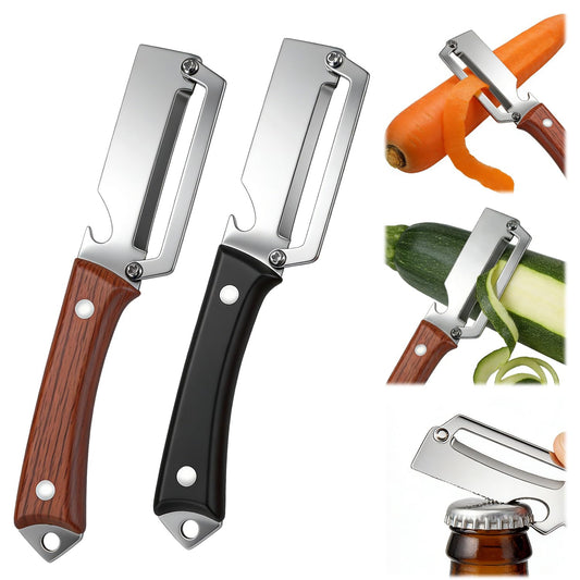 2PCS Premium Vegetable Peeler with Wooden Handle and Bottle Opener, 2026 New Multifunctional 2-in-1 Stainless Steel Kitchen Tool, Contour-Flow for Camping Apple Potato Pumpkin Papaya Peeling (Mix)