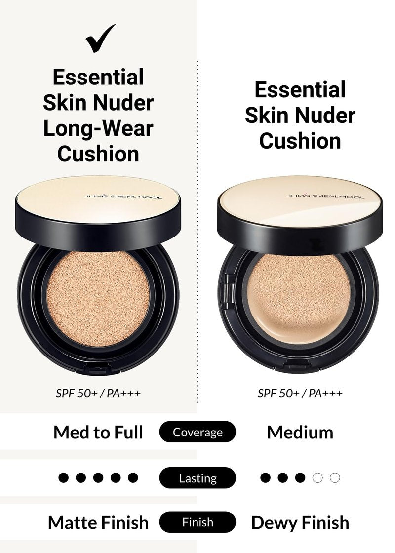 JUNG SAEM MOOL Essential Skin Nuder Longwear Cushion 0.98 Fl Oz, Refill Included, 24H Lasting Cushion Foundation with High Coverage, Semi-Matte Natural Finish, Korean Foundation Makeup (Light)