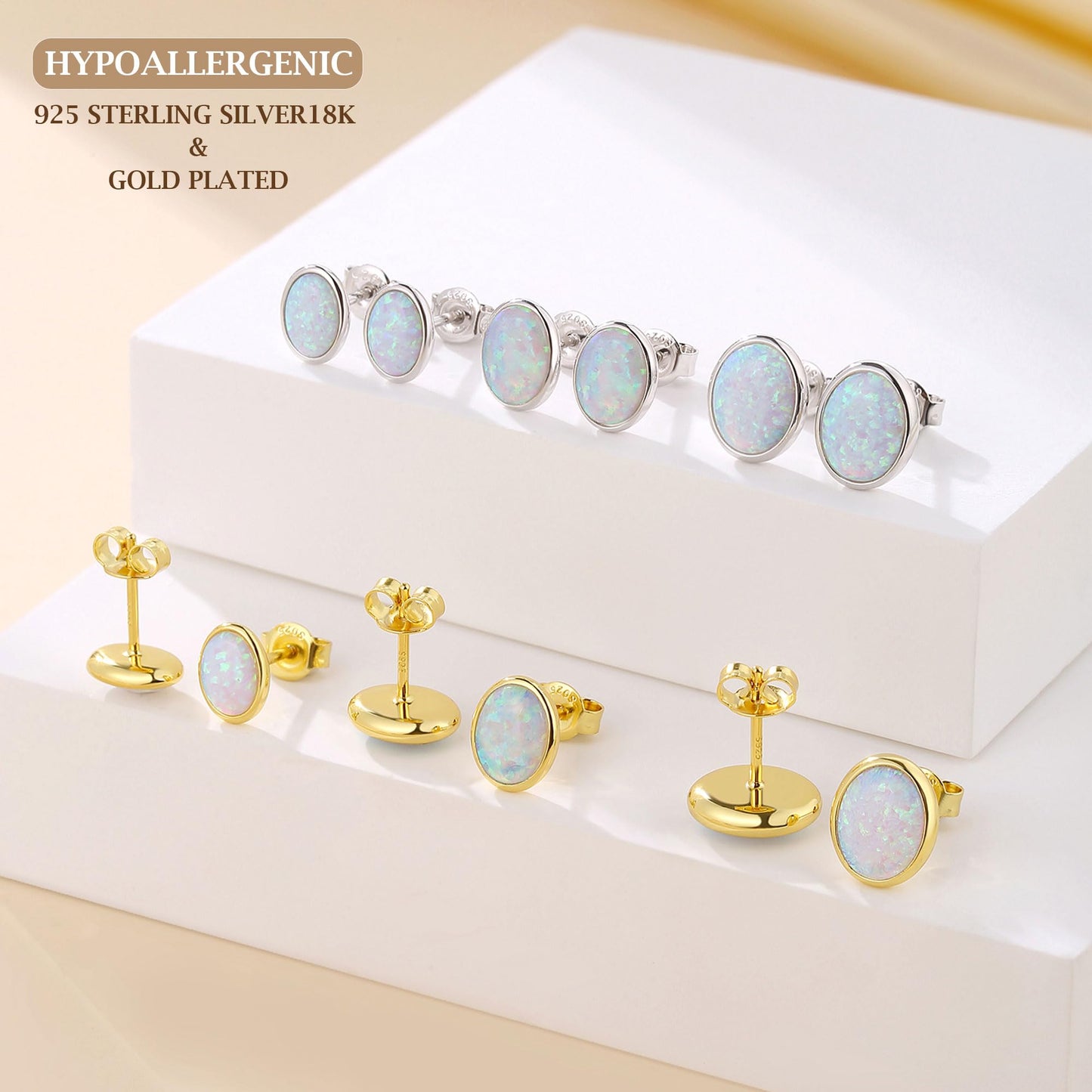 JiayangJY White Fire Opal Stud Earrings for Women 18K Yellow Gold Plated Sterling Silver Oval Shape 7mm Opal Earrings with Push Back