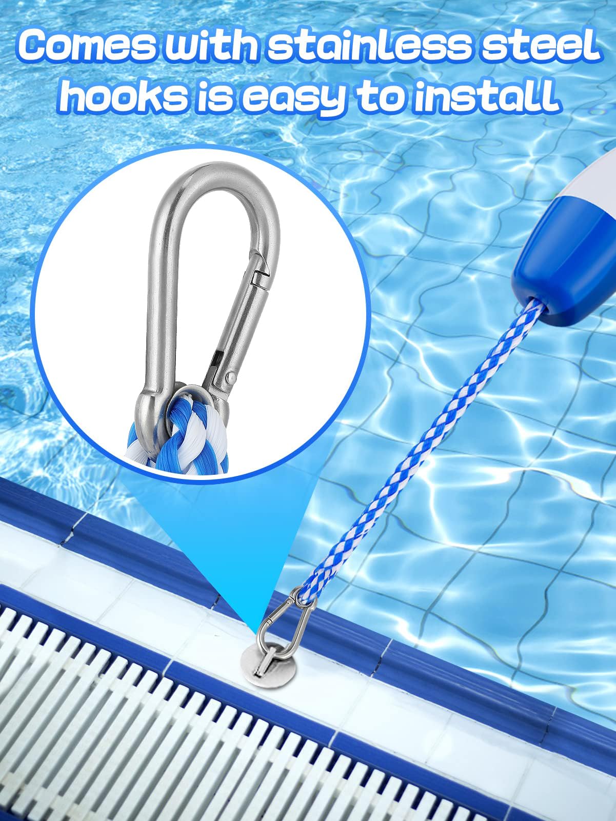 Aulock 18Ft Pool Safety Rope with Floats - Effective Visibility Floating Rope Divider Barrier with Pre-Assembled Stainless Steel Hooks for Indoor and Outdoor Swimming Pool Separating Depth
