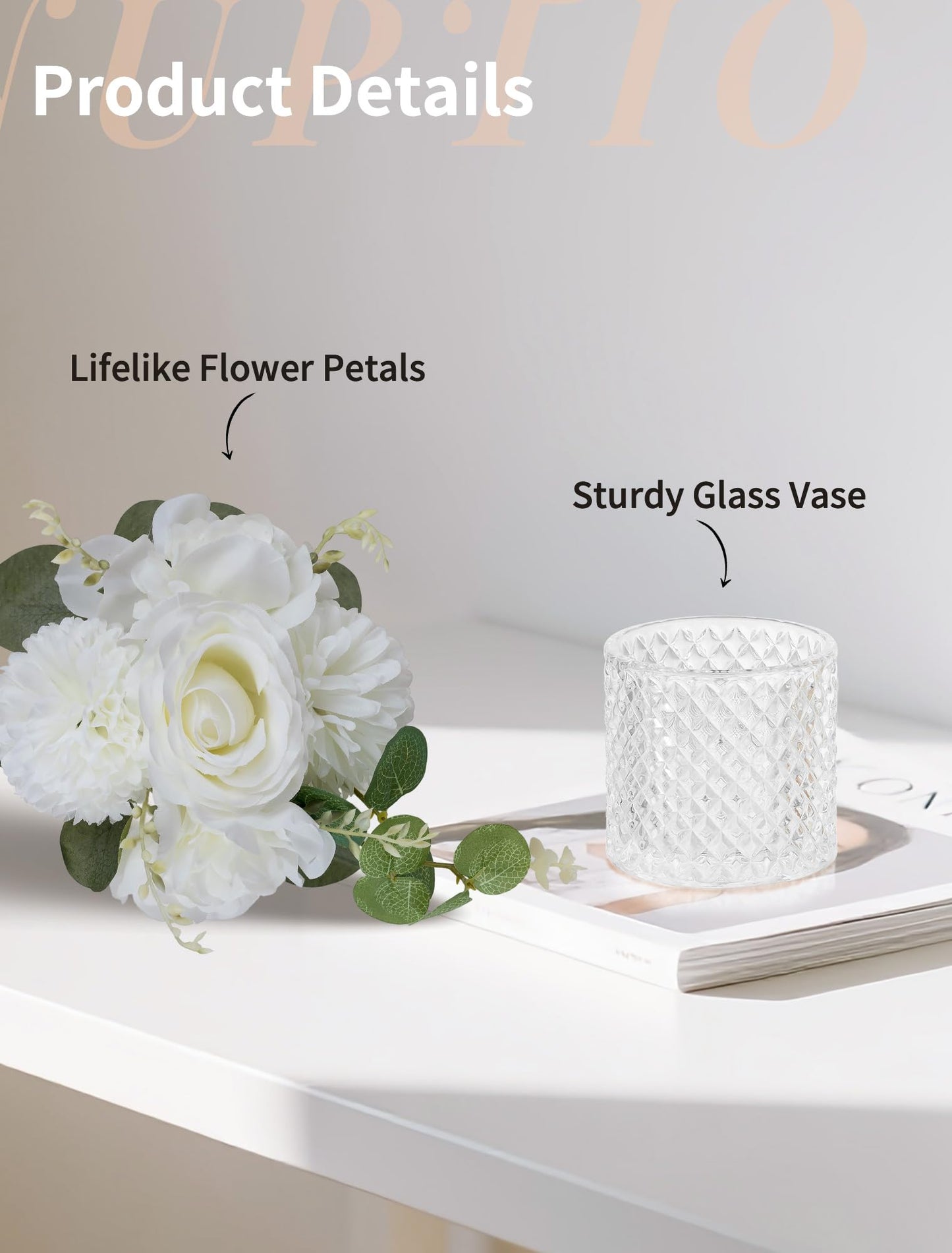 NUPTIO Small Fake Flower in Vase: 6 Pcs Silk Artificial Flowers with Clear Glass Vases for Living Room Bathroom Office Decor - Faux Rose Mums Floral Arrangements Wedding Dining Table Centerpiece