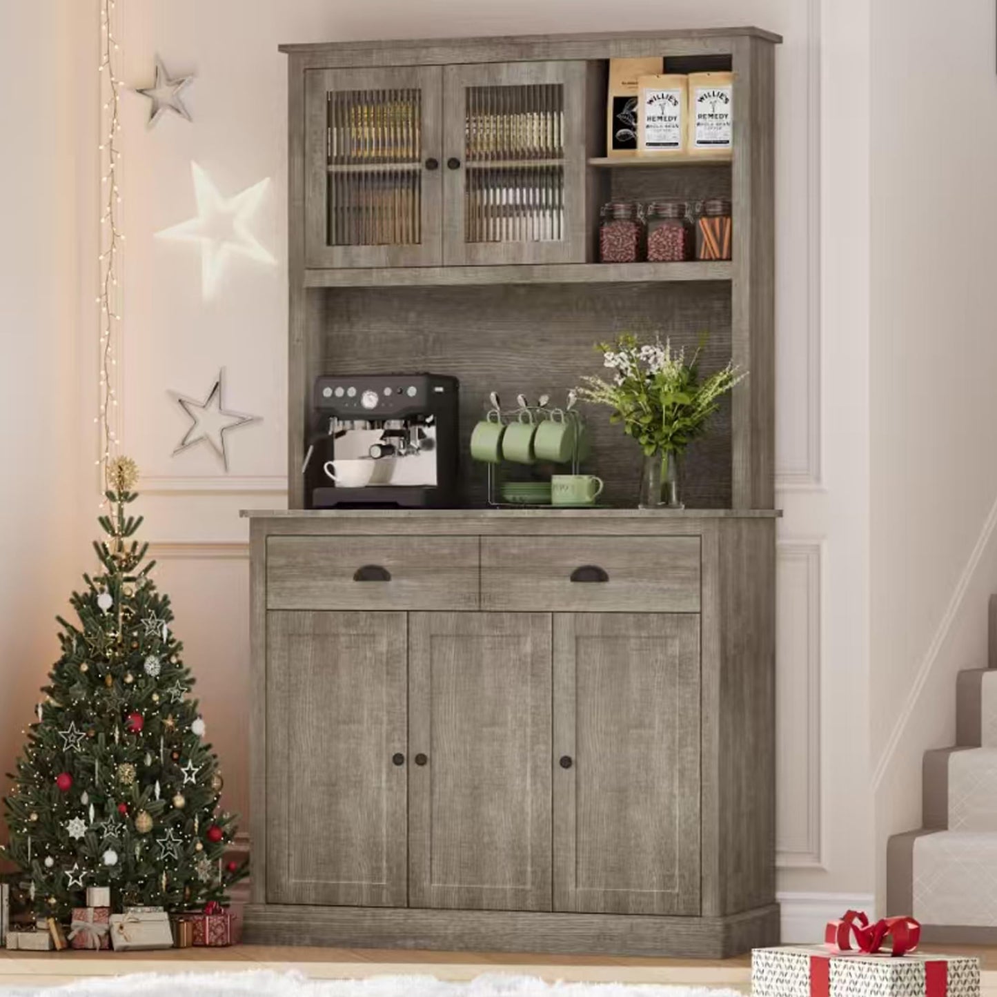 GarveeHome Pantry Cabinet with Drawers and Adjustable Shelves, 71" Tall Freestanding Kitchen Cabinet with Microwave Stand, Kitchen Hutch for Dining Room, Rustic Grey