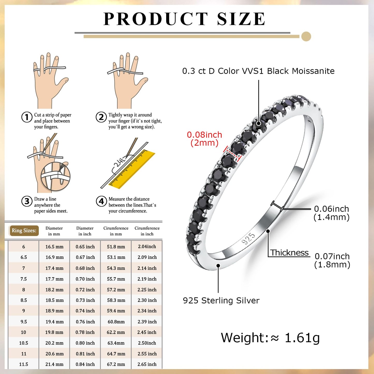 Black Moissanite Ring Men Women Created Diamond Wedding Rings Half Eternity Band Rings 0.25 Cttw Stackable Ring Size 9