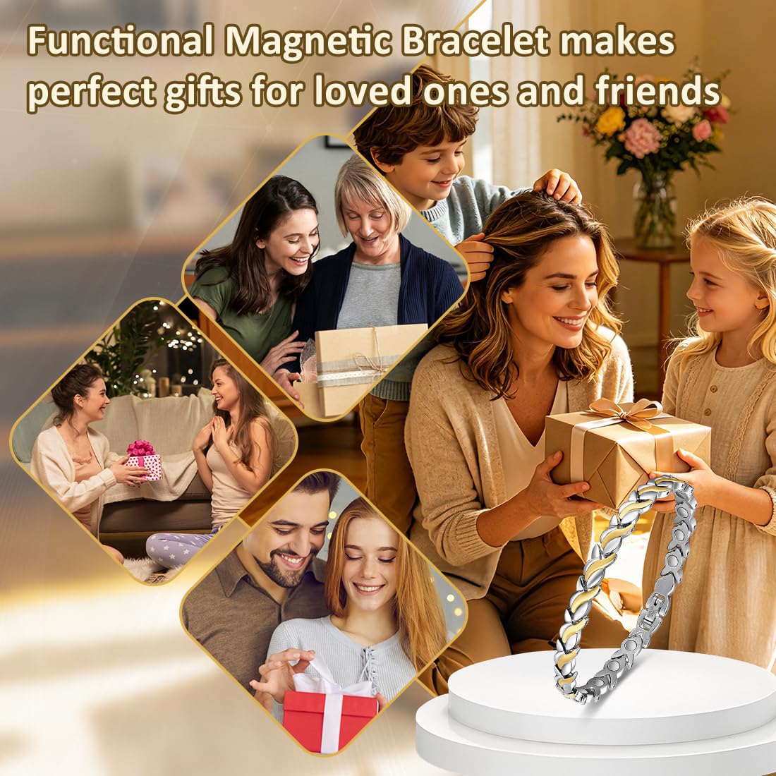 Vicmag Magnetic Bracelet for Women, Titanium Steel Bracelet with Ultra Strength Magnets, Waterproof & Adjustable, Jewelry Gift with Sizing Tool(Silver Gold Fishtail)