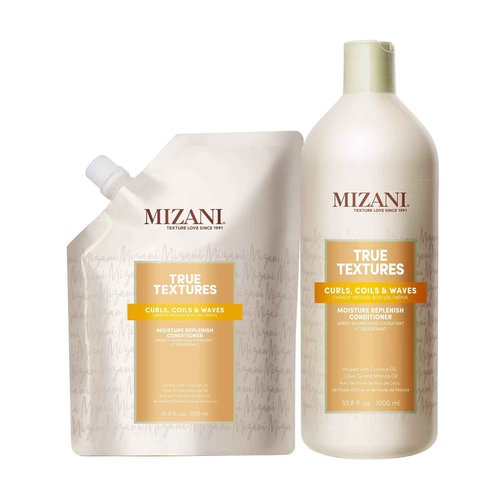 Mizani True Textures Moisture Replenish Conditioner with Refill Set | Smooths & Hydrates | with Coconut Oil | Sulfate-Free | for Curly Hair | 33.8 Fl Oz Liter and 16.9 Fl Oz Refill