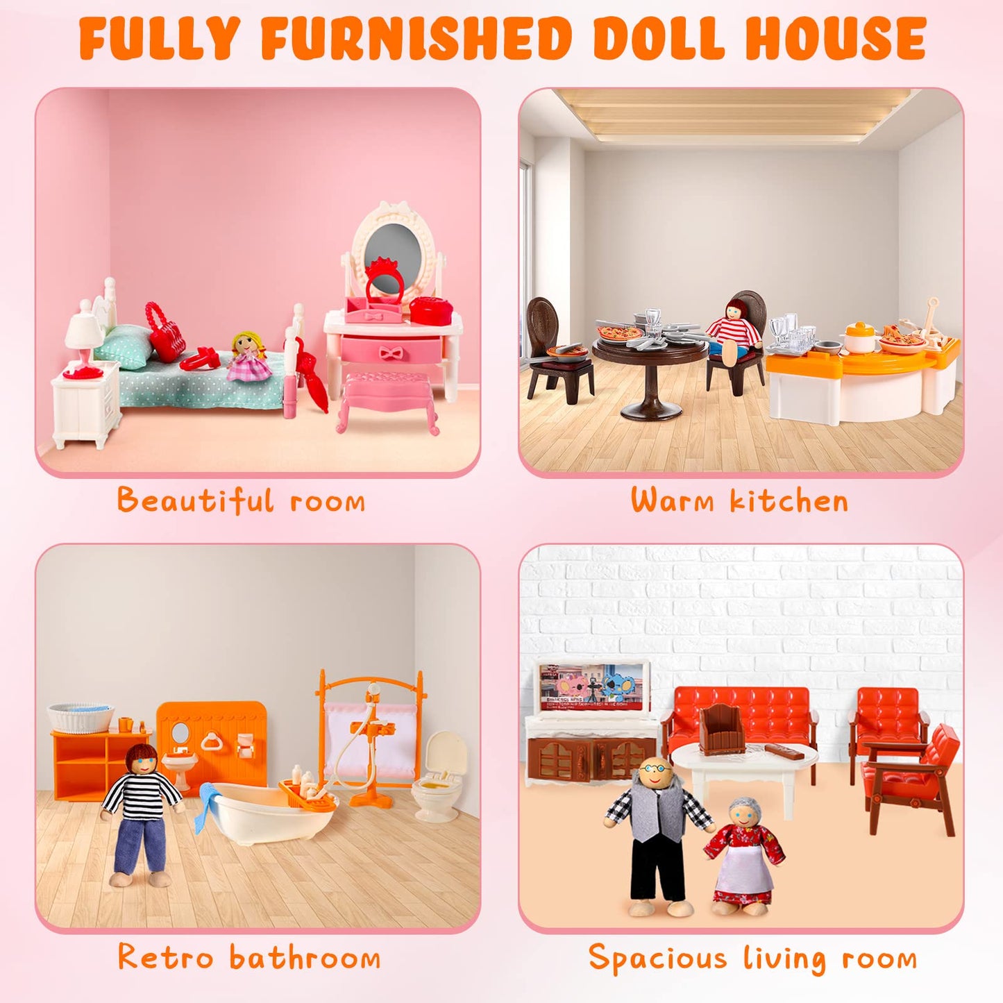 HyDren 83 Pcs Wooden Dollhouse Furniture Set with 8 Flexible Dolls for 5 Rooms Kits Kitchen, Dining, Living Room, Bedroom, Bathroom Dollhouse Accessories and Furniture Toys for Girl Boy Toddlers Gift
