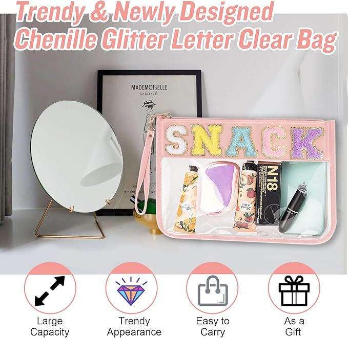 Chenille Letter Clear Snack Bag Purse, Monogram PVC & PU Zipper Pouch With Wristlet, Waterproof Portable Glitter Makeup Beach Toiletry Bag for Women Girls (SNACKS-Pink)