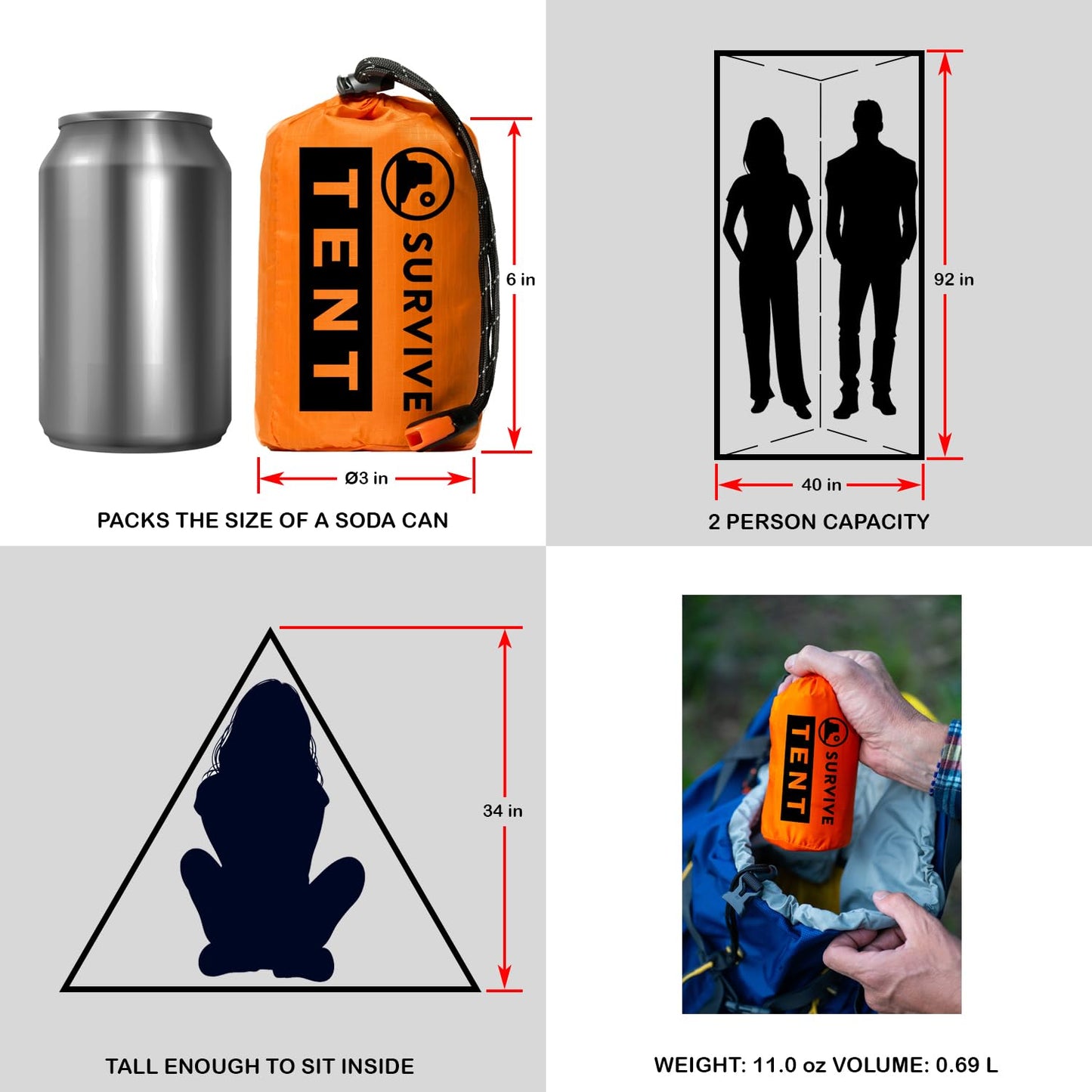 SURVIVE Survival Tent with Doors, 2 Person Mylar Emergency Camping Hiking Shelter for Survival Kits, All Weather Thermal Protection, Includes 22 feet of Paracord and Whistle (Orange)