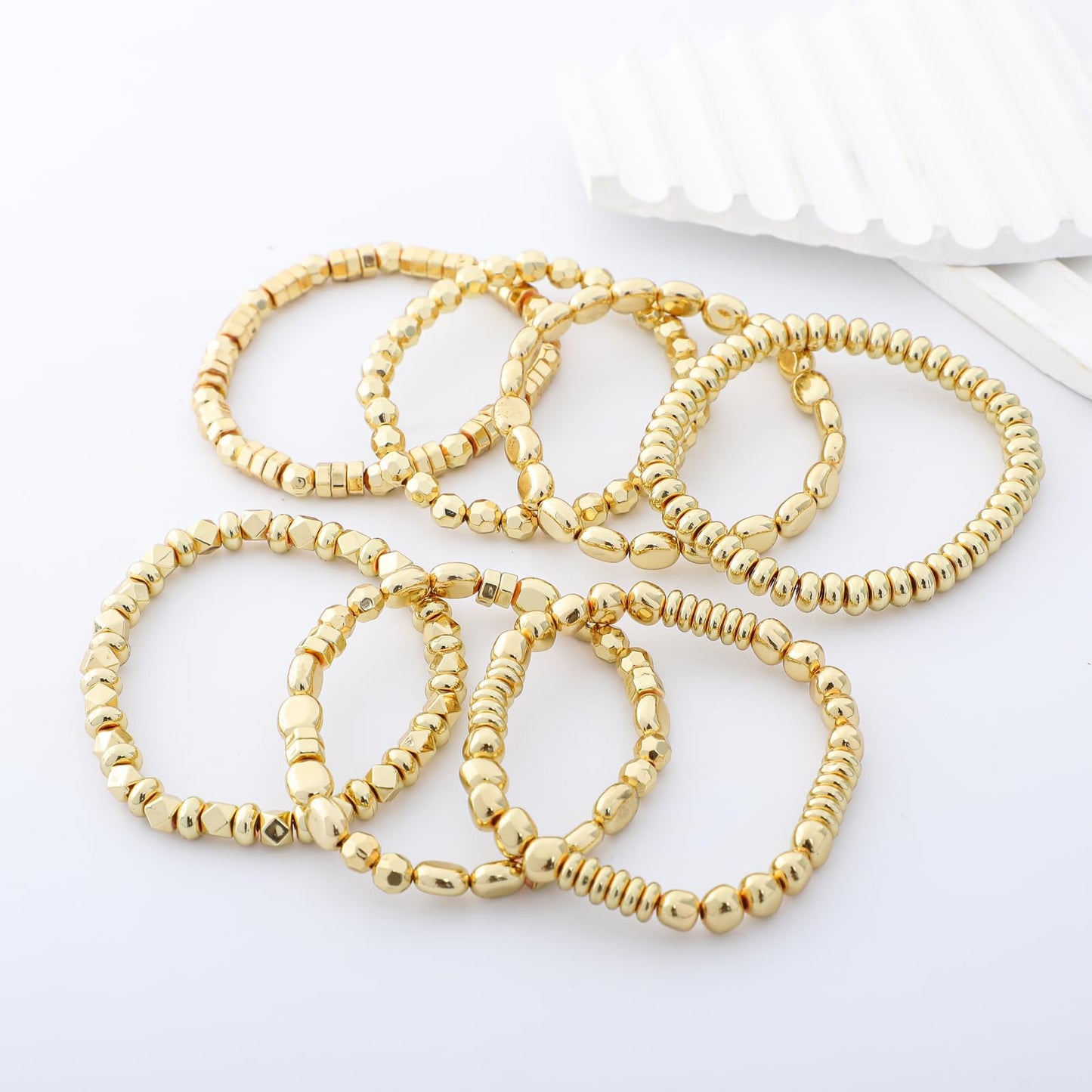 Sajidos Gold Plated Beaded Bracelets for Women Trendy, 14K Gold Plated Stack Cross Pearl Gold Plated Bead Stretch Bracelets Set Elastic Hypoallergenic Bracelets Jewelry Gifts
