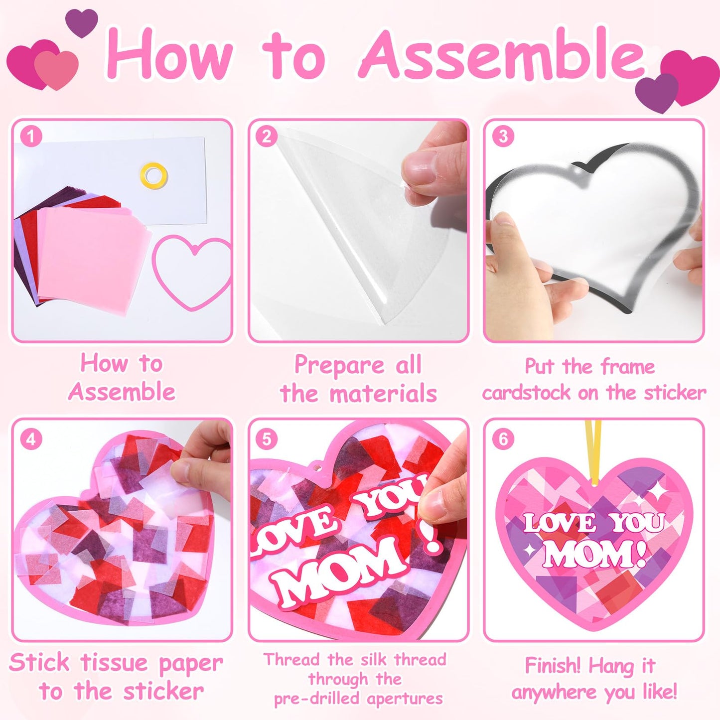 Qyeahkj 36 Set Mother Day Heart Suncatchers Crafts for Boys and Girls DIY Love Hearts Window Tissue Paper Crafts Love Hanging Decor for Classroom Home Activity Art Project Birthday Party Favor Gifts