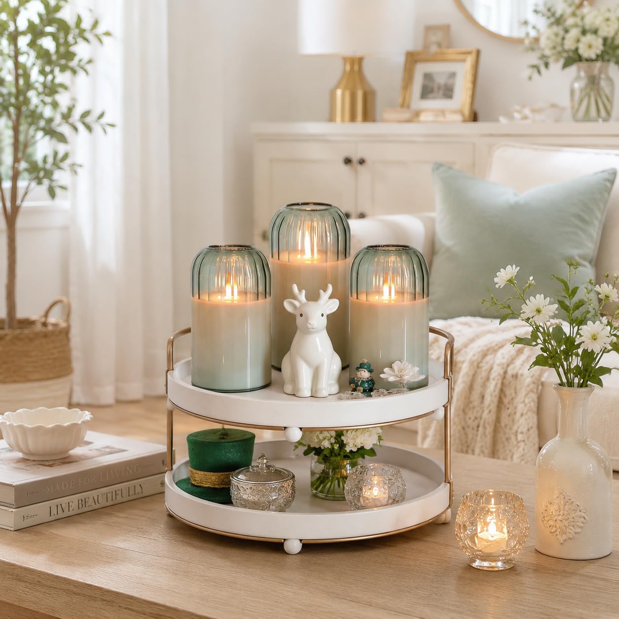 MUMCHASI Green Flameless Battery Operated Candles with Remote, Set of 5 Glass Jar LED Candles with Dancing Flame, Flickering Electric Candlelight for Home Wedding Party Decor H4”5”5”6" 6”"