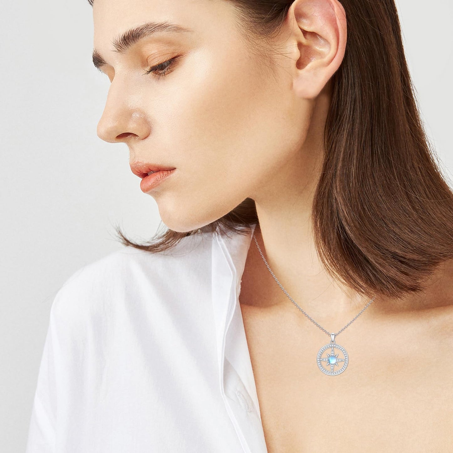 Silikepa Star Necklace for Women 925 Sterling Silver North Star Pendant Necklace Round Rotating Pendant with Moonstone Jewelry Gift for Women