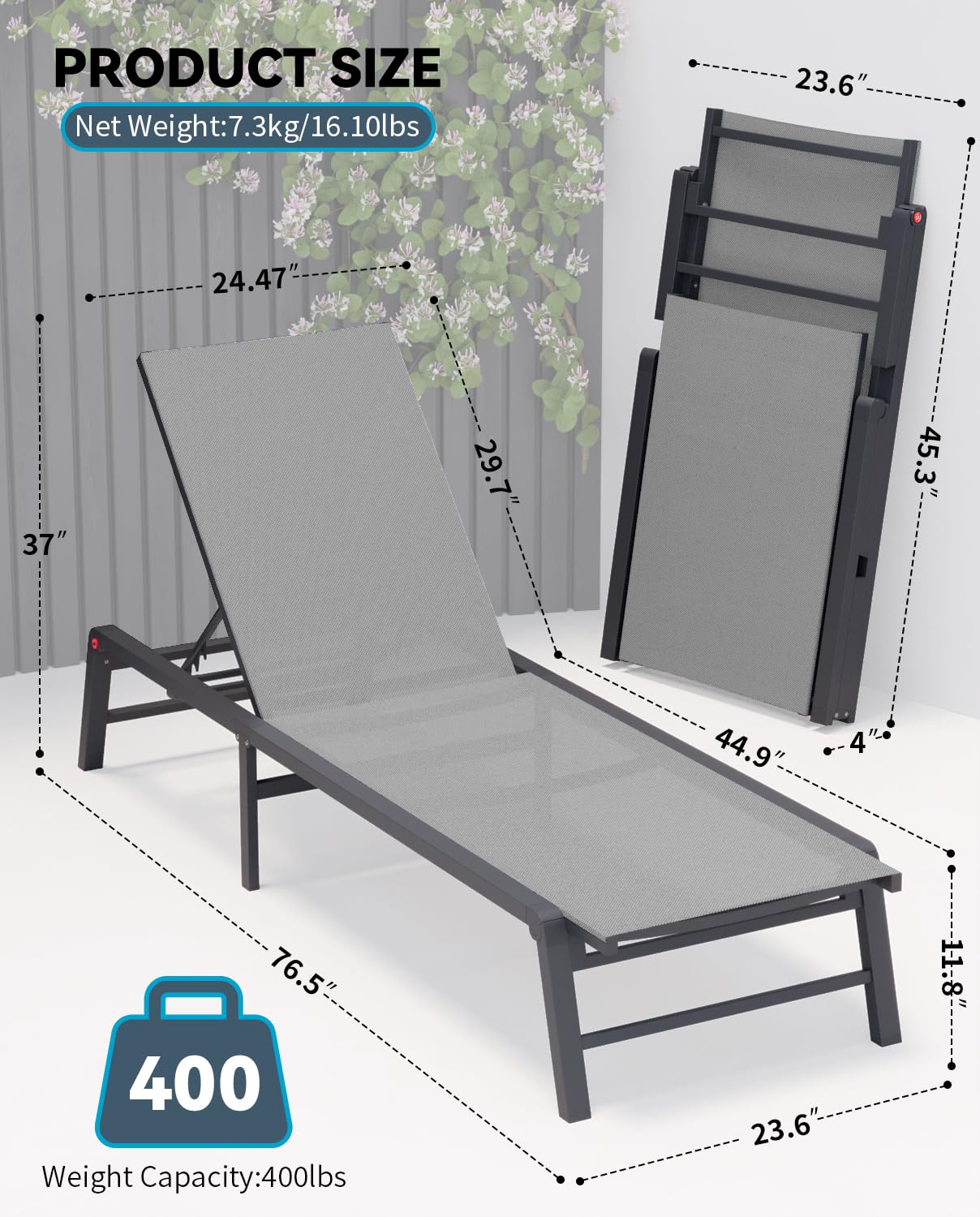 FHVIT Aluminum Chaise Lounge Chair Outdoor, Foldable Patio Lounge Chair Assemble-Free, Pool Lounge Chairs with 5 Adjustable Backrest, Outdoor Lounge Chairs for Outside Poolside Beach Lawn Grey