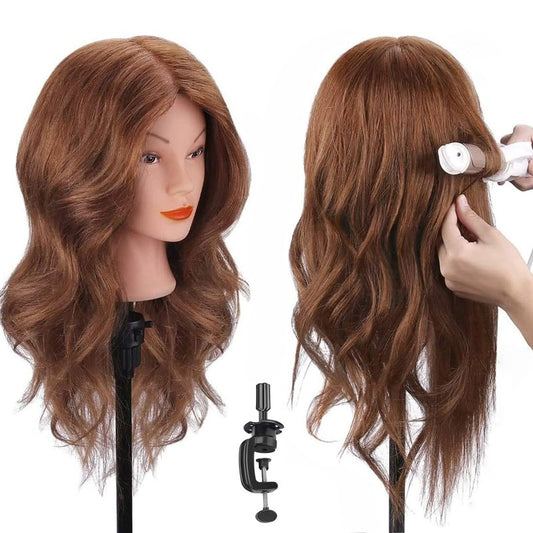 18'' Mannequin Head with Human Hair Cosmetology Manikin Doll Head with 100% Real Human Hair for Braiding Hairdresser Practice Styling with Free Table Clamp Stand