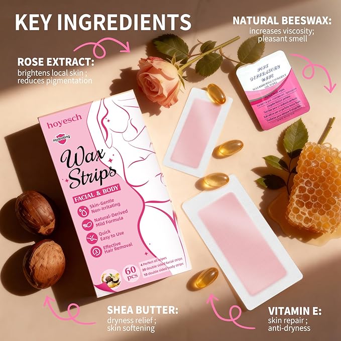 60 PCS Wax Strips - 40 Facial & 20 Body Waxing Kit for Women’ s Hair Removal,Wax Strips for Face,Eyebrow,Body, Arms, Legs, Chest, Back, Bikini/Brazilian Waxing Strips & 4Calming Oil Wipes