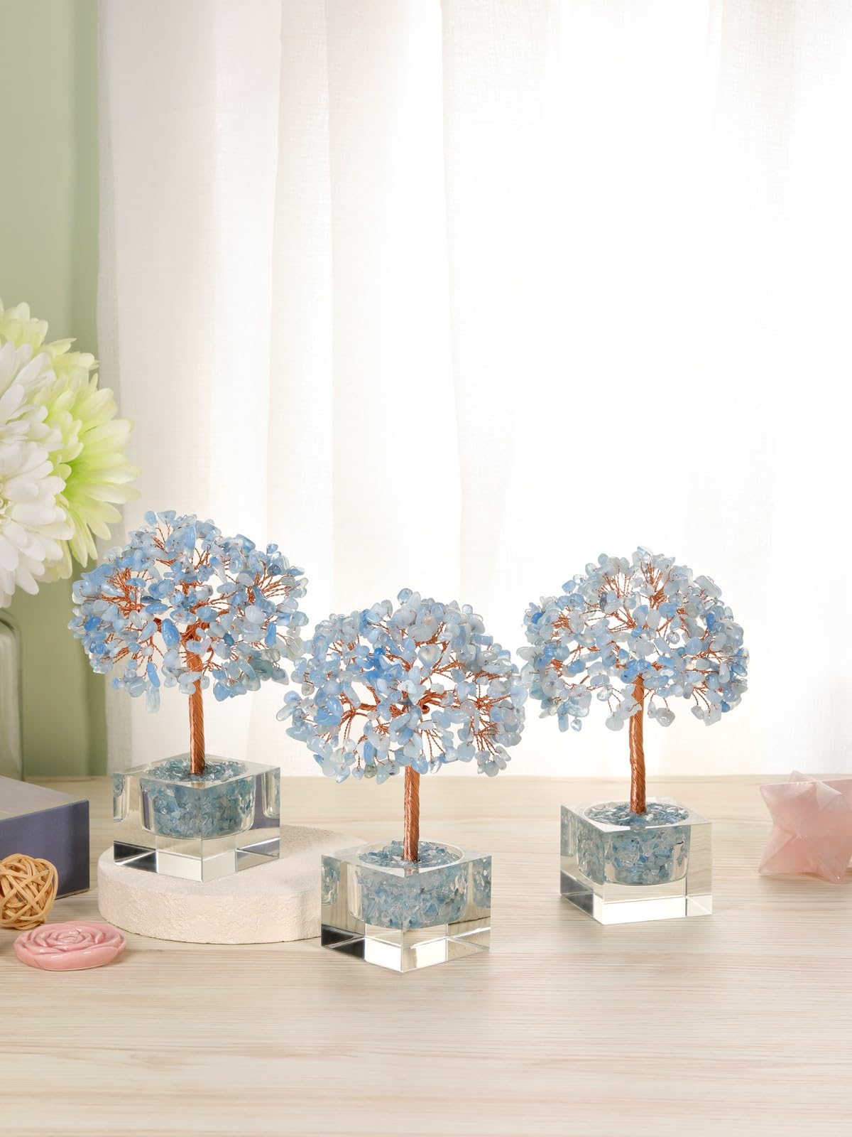 Jovivi Large Crystal Tree with Square Glass Base, Aquamarine Healing Crystals Tree Life Natural Chipped Gemstone Money Trees Feng Shui Good Luck Positive Energy Blue Home Desk Decor
