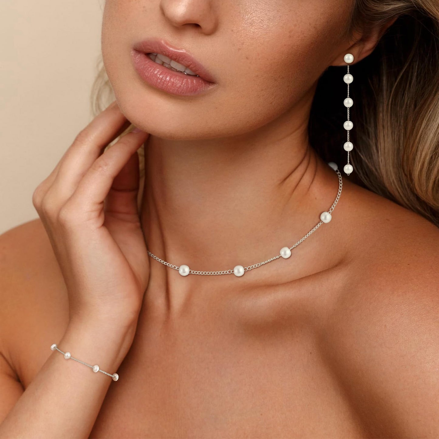 Fezodo Silver Jewelry Set for Women, Silver Pearl Necklace and Earring Set With Pearl Earrings Bracelet Wedding Jewelry Sets for Bride, Bridal Prom Pearls Jewelry