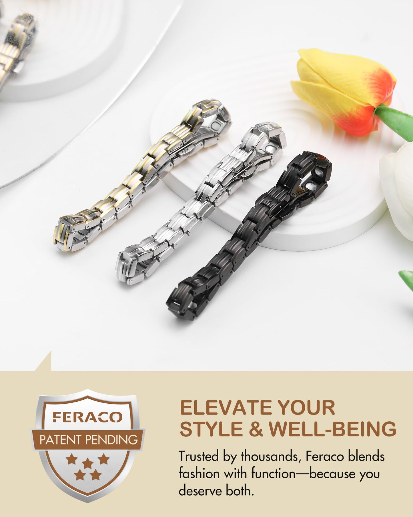 Feraco 5X Strength Magnetic Bracelets for Women, Stainless Steel Magnet Bracelet with Ultra Powerful 5000 Gauss Magnets, Upgraded Butterfly Clasp, Adjustable Jewelry Gift (Black)