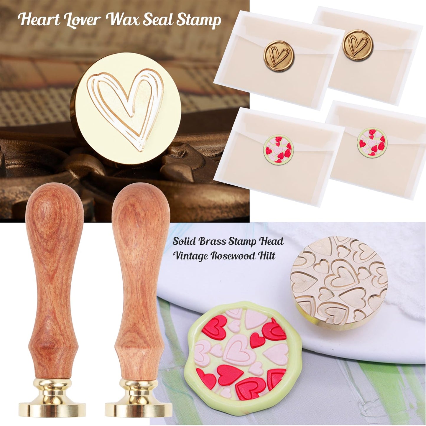 Wax Seal Stamp Kit with 24 Colors Wax Seal Beads 600pcs, WASOHLING 2PCS Love Heart WaxSeal Stamps with Electric Sealing Warmer Set, Envelopes and Metallic Pen for Letter Sealing