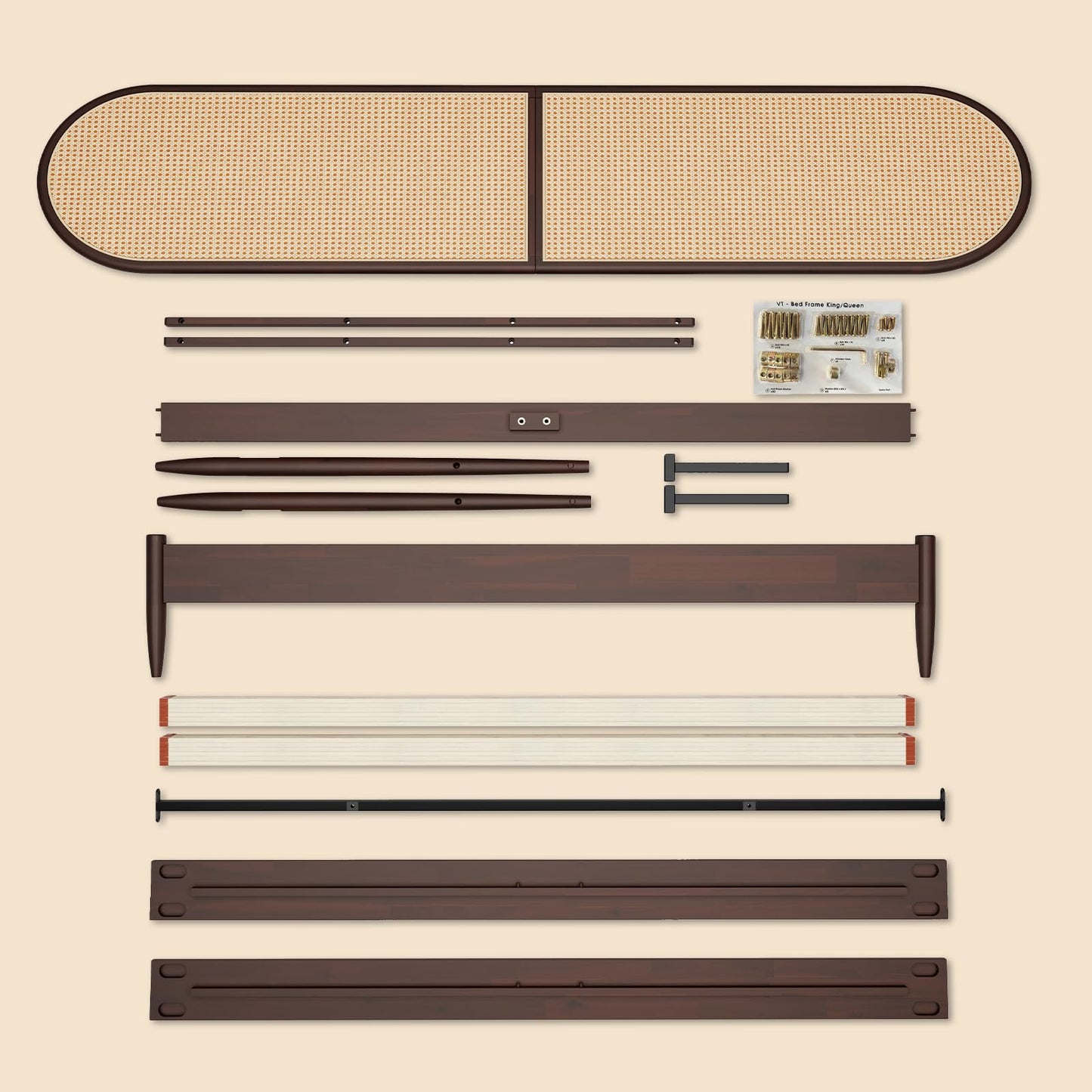CBHME Queen Bed Frame with Rattan Headboard, Solid Wood Foundation with 12-Slat Wood Support, Bohemian and Mid Century Style, No Box Spring Needed, Dark Walnut