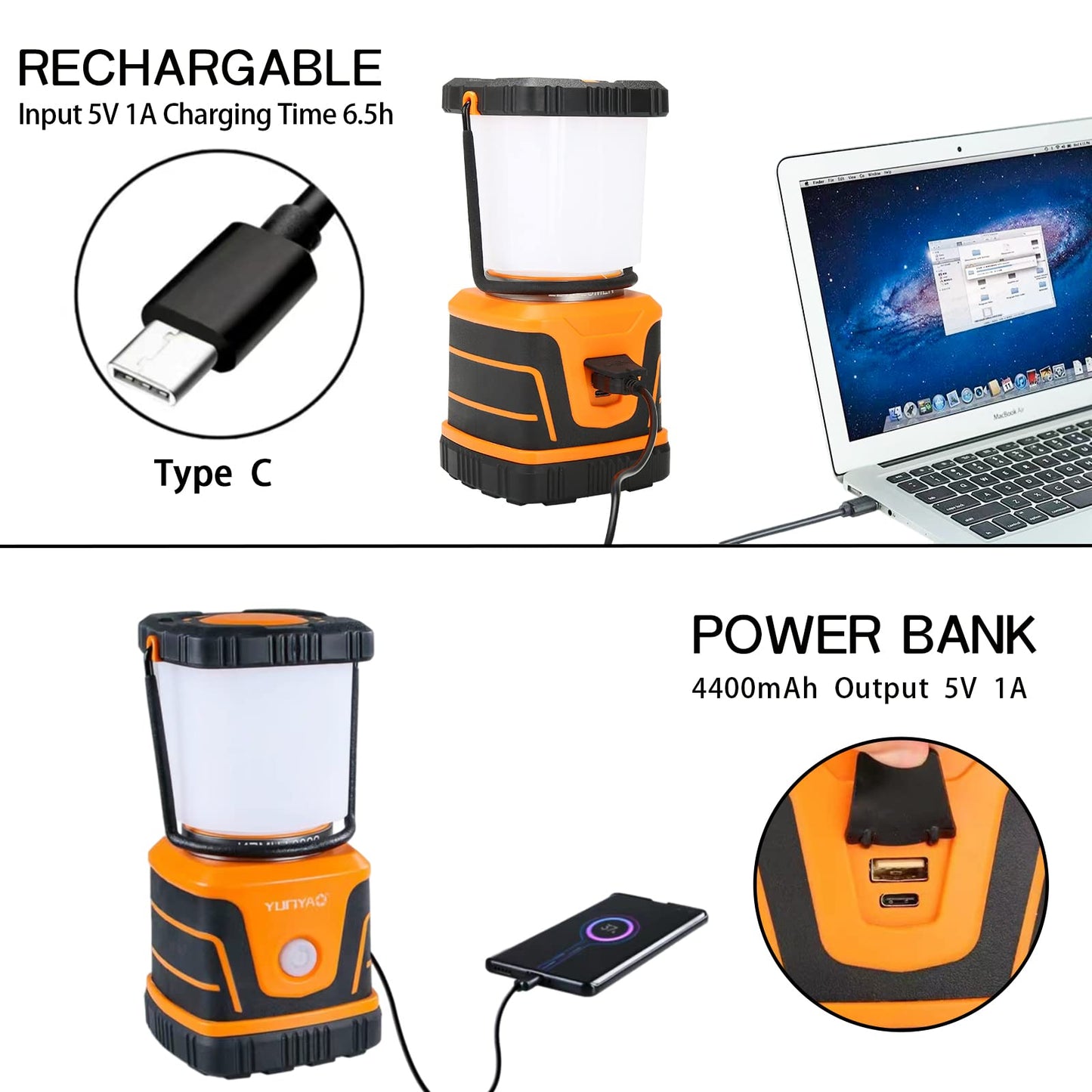 Camping Lantern Rechargeable 2200LM, LED Flashlight Lanterns for Power Outages, Emergency,Camping,Hurricane, Lanterns with IPX5 Waterproof,4 Light Modes,4400mAh Power Bank