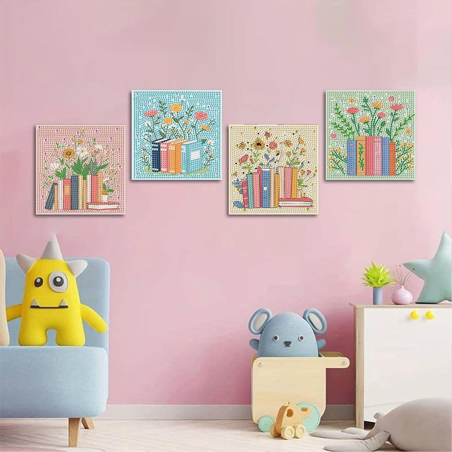 ICYANART 4 Pack Book Diamond Art Painting Kits for Kids, Cute Gem Art Kit for Kids Ages 6-8-12, Small Diamond Art for Kids Easy Handmade Gifts and Home Wall Decor 7x7inch