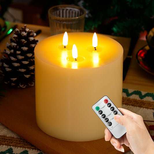AFINETH Extra Large Flameless Candles, 6"x6" Real Wax Battery Operated Candles with Remote and Timer, Flickering LED Pillar Candles with 3 Wicks for Home, Wedding, Party, Holiday, Ivory