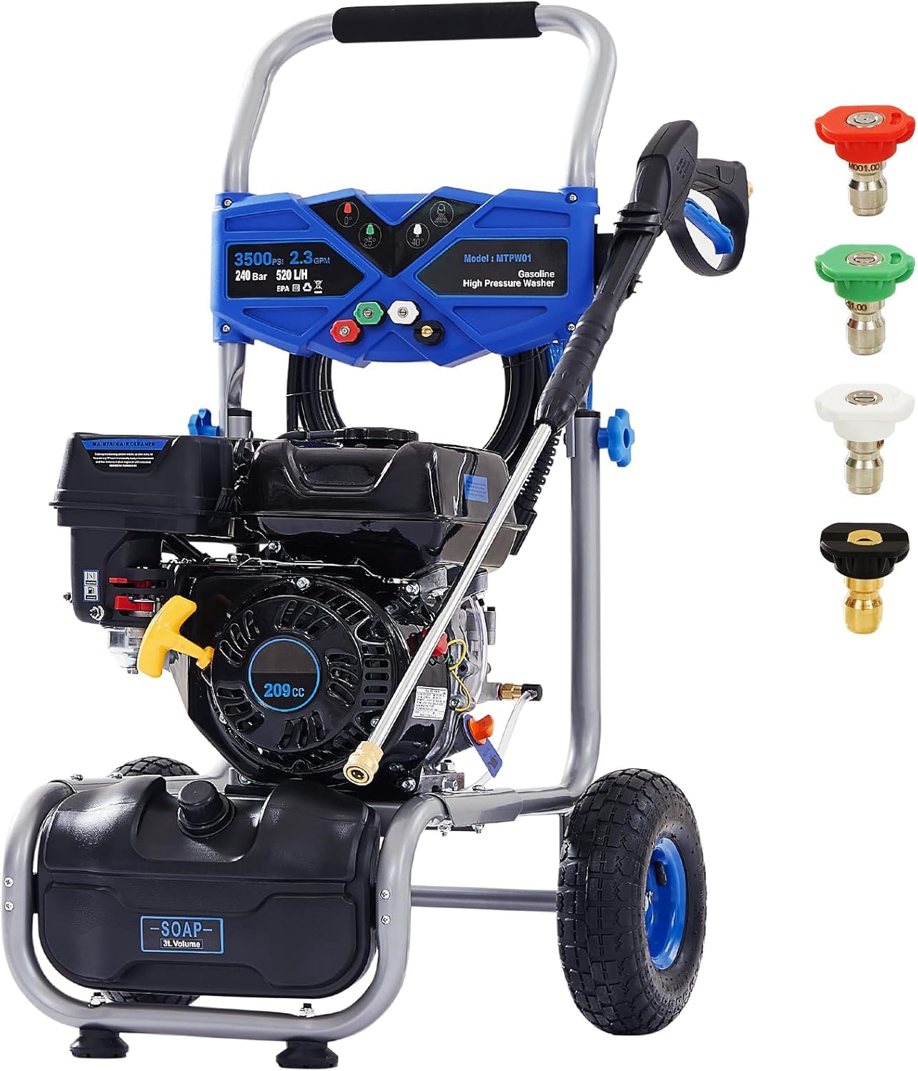 Gas Powered Pressure Washer 3500 PSI, 2.3 GPM Heavy Duty High Power Washer,209CC 7HP Engine with 25Ft Pressure Hose, Axial Aluminum Pump, Soap Tank, 4 Quick Connect Nozzle (Blue)