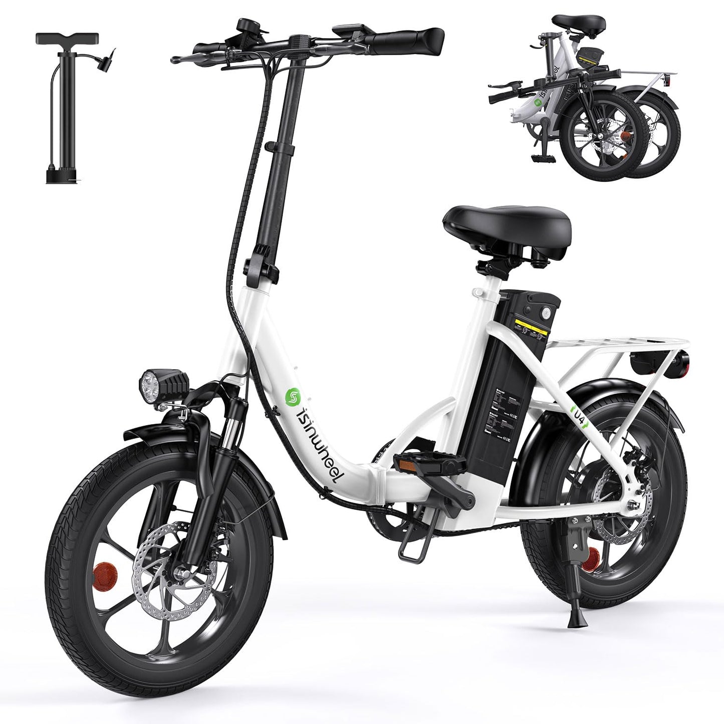 isinwheel U4 16" Folding E Bike for Adults Electric Bike with Suspension, 10.4Ah Battery, 500W Motor, 19mph Top Speed, Step Through Adult Electric Bicycles, Mini Commute Ebike for Adults and Teens