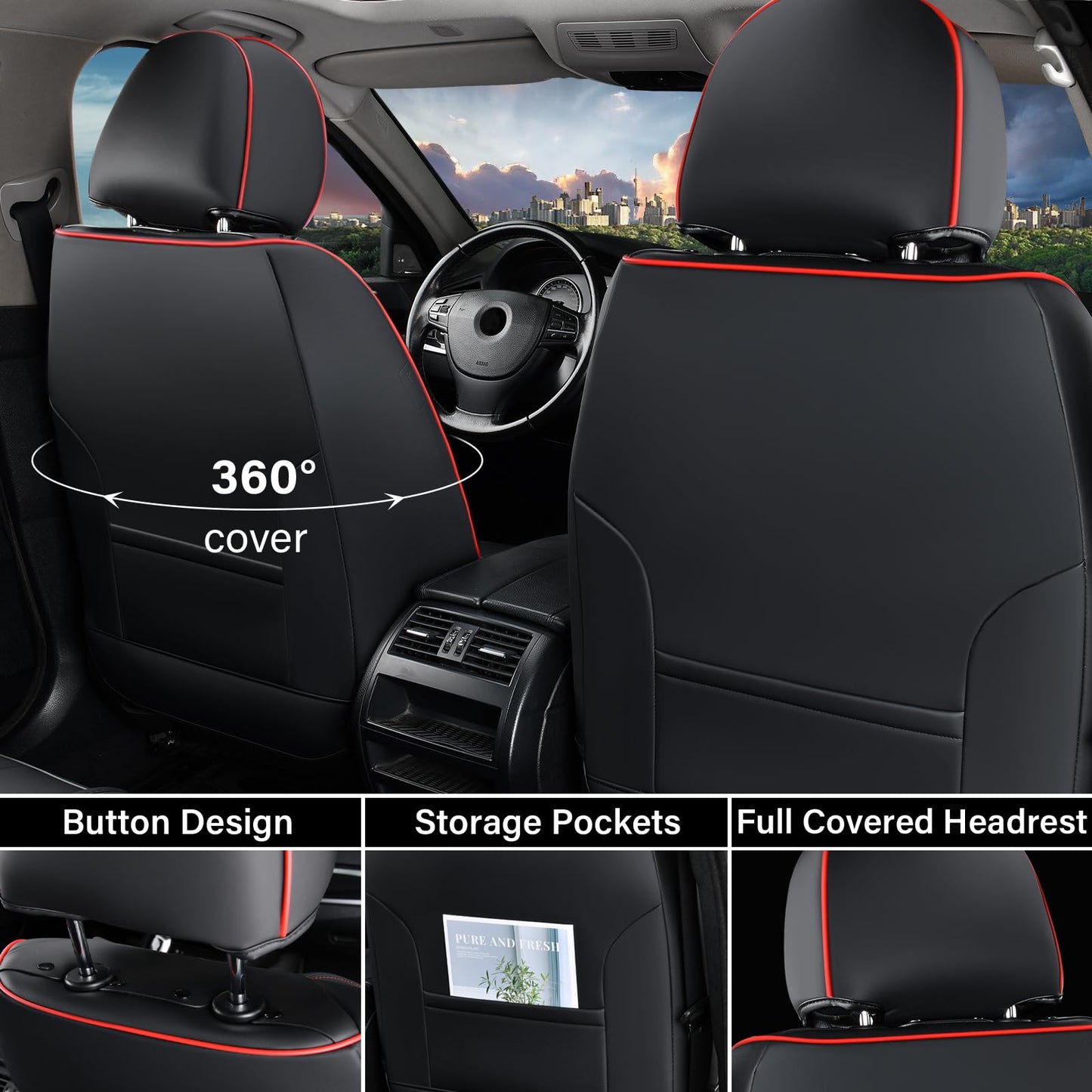 Coverado Seat Covers, Car Seat Covers Full Set, Leather Seat Covers for Cars, Automotive Seat Covers Car Seat Protector Car Accessories Fit for Most Sedans SUV Pick-up Truck(Black&Red)