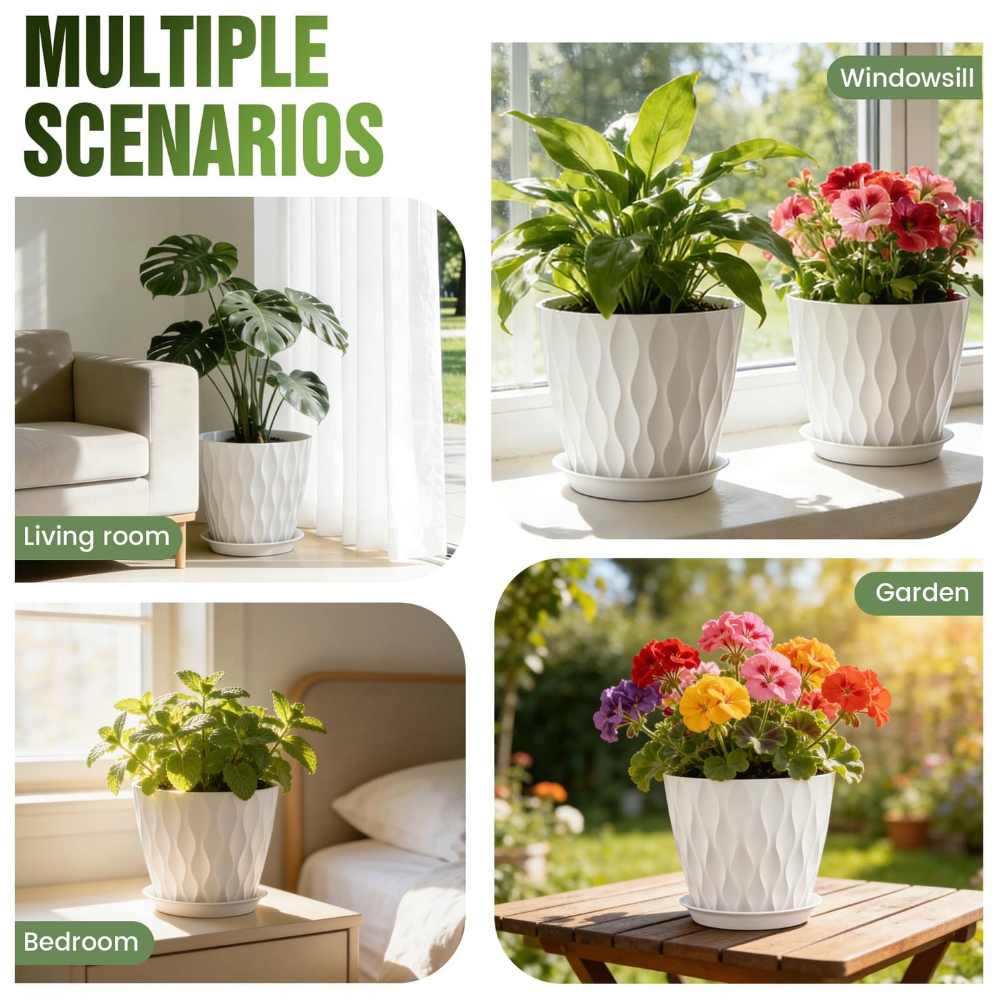 Areutxbis 8 Inch Wave Plant Pots with Drainage Holes & Saucers, 4 Pack Modern Textured Medium Planters for Indoor Outdoor Plants, Decorative Flower Pots Repotting Set for Flowers, Herbs (White)