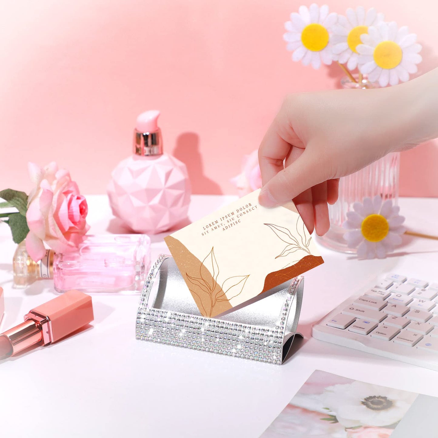 Fuutreo 2 Pcs Bling Aluminum Business Card Holder AB Color Name Card Display Desktop Rhinestone Table Business Organizer for Desk Display Stand Accessories (1 Groove)