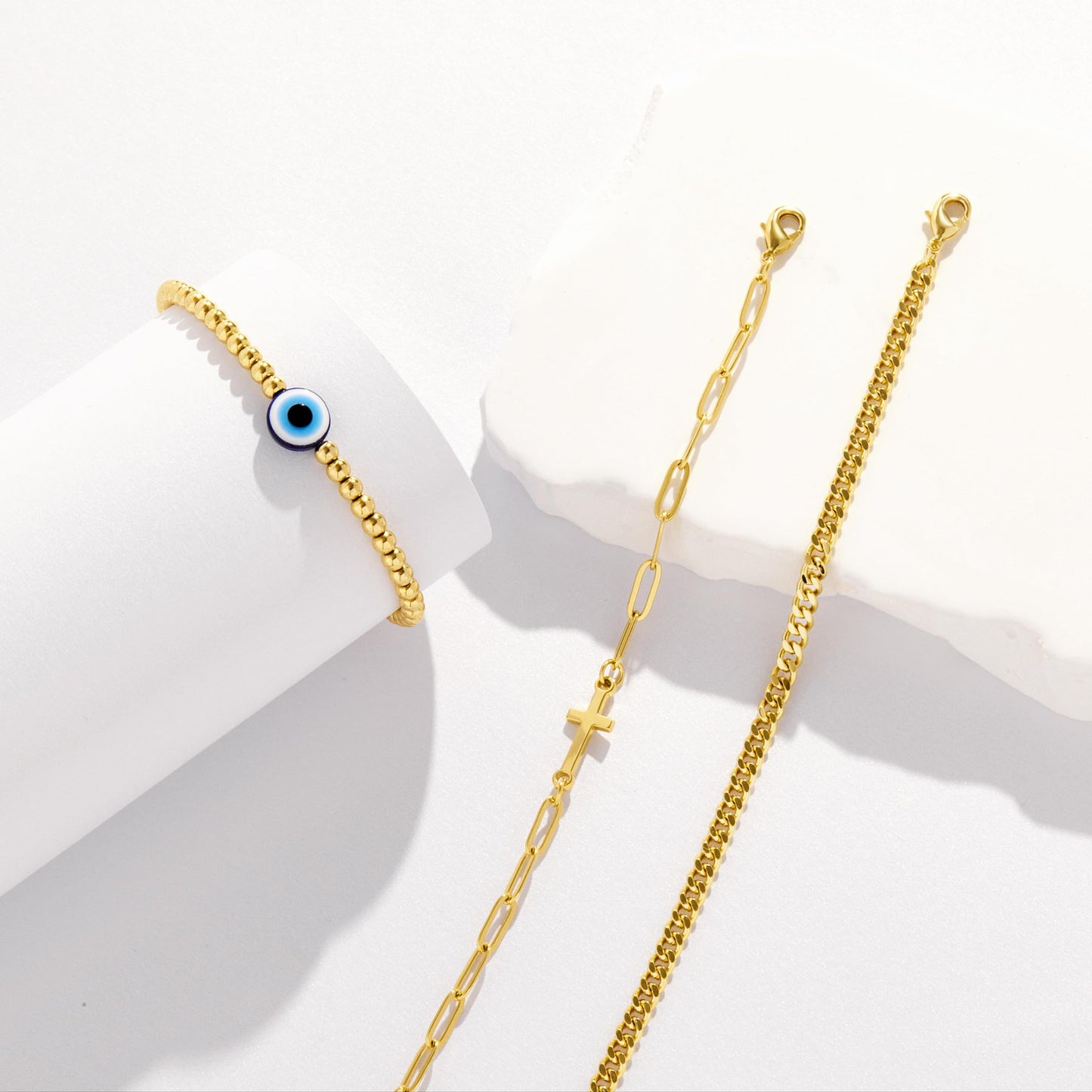 Gold Bracelet for Women, Dainty 14k Gold Filled Bracelets Set Adjustable Stretch Beaded Cuban Cross Bracelet Stack WaterProof Jewelry Gifts for Women