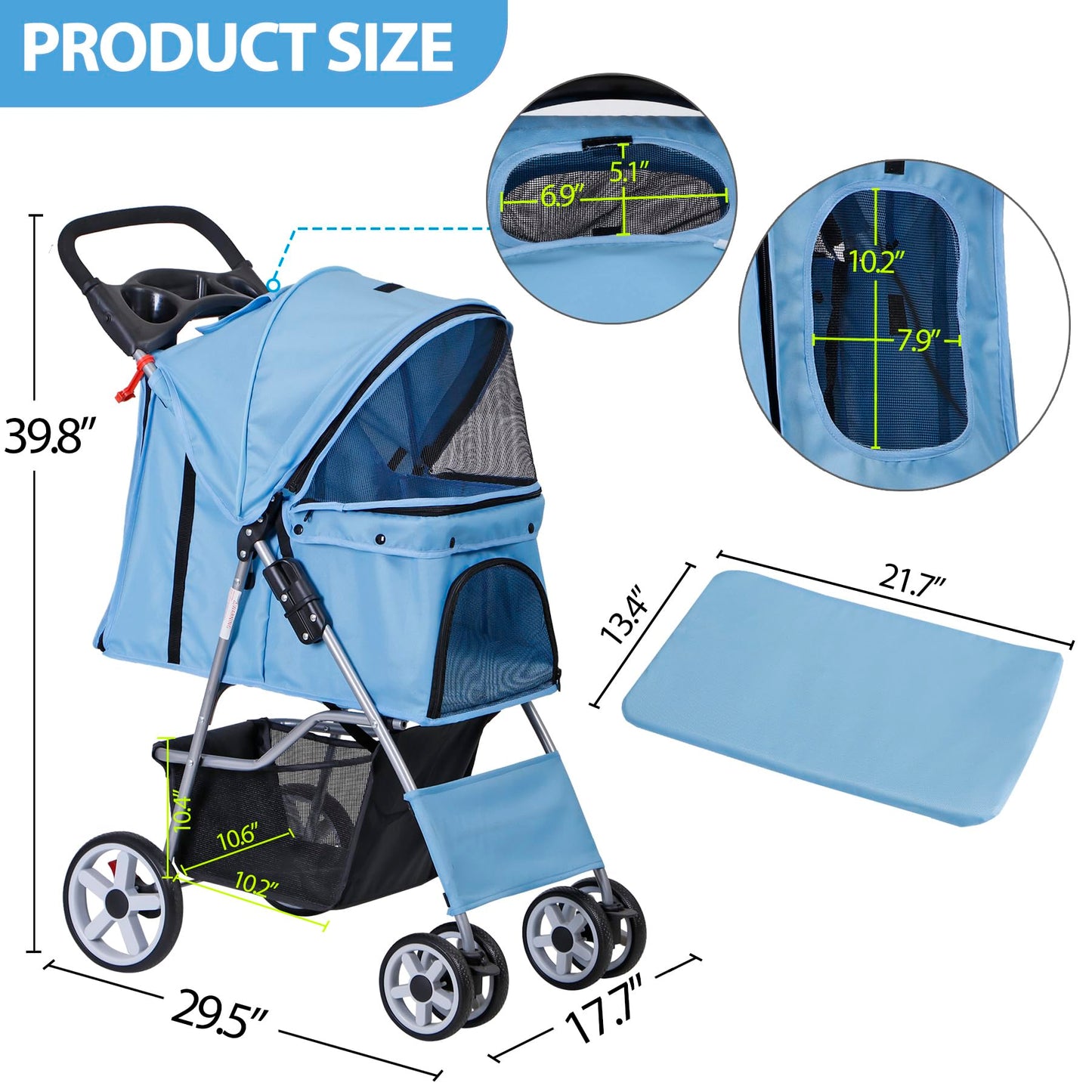 LEMY Pet Stroller,4 Wheels Dog Cat Stroller for Small Medium Dog Cats Carrier Jogger Travel Foldable Puppy with Storage Basket and Cup Holder(Blue)