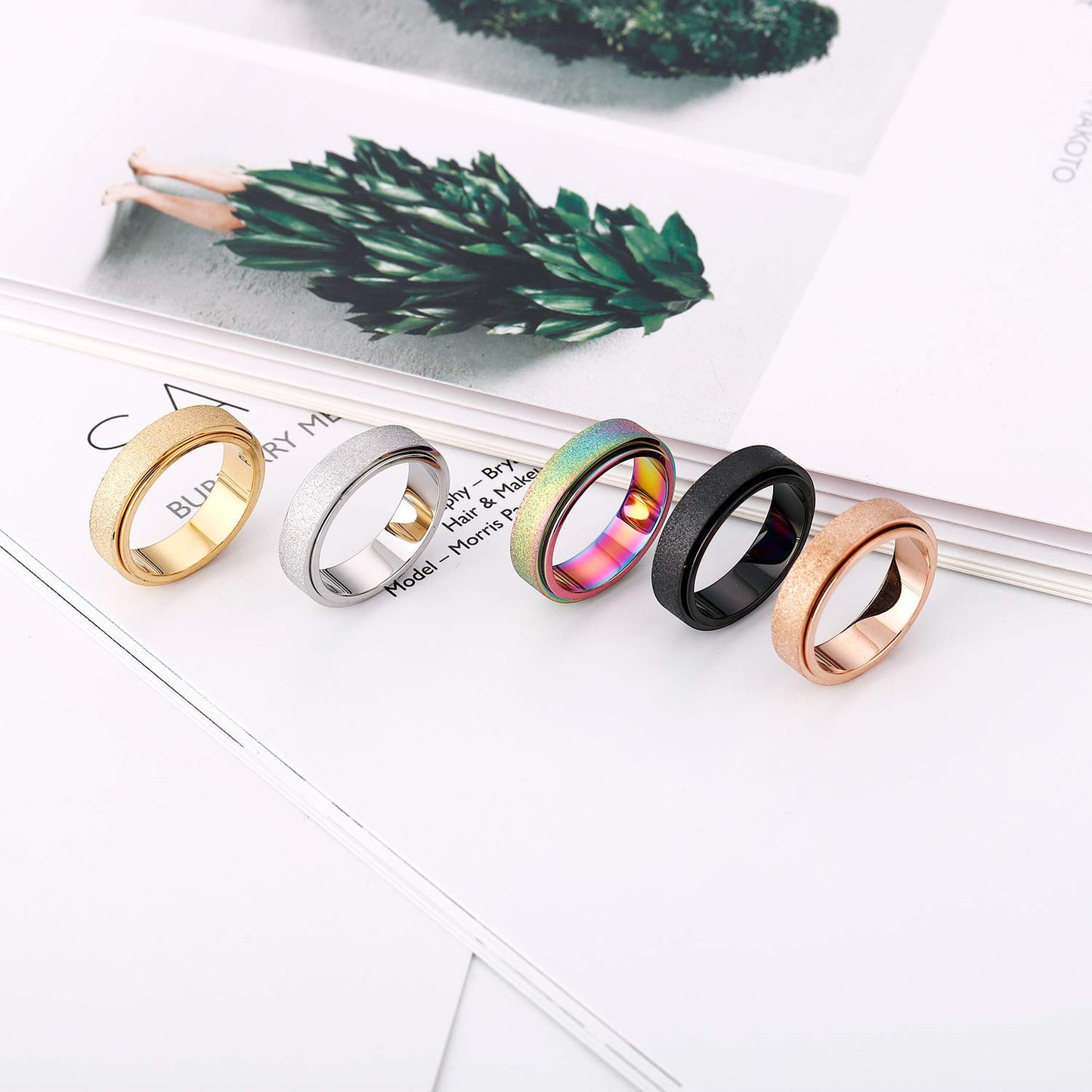 Titanium Stainless Steel Fidget Spinner Anxiety Ring for Women Men Black Size 7 Width 6MM Sand Blasted Finish