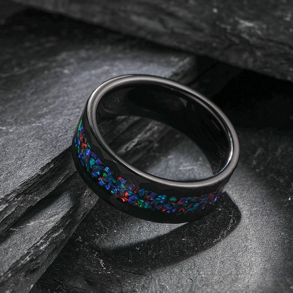 NUNCAD Mens Wedding Ring Black with Opal Inlaid 8mm Engagement Band Tungsten Carbid Ring Hammered Matte Finish Comfort Fit Sizes 11