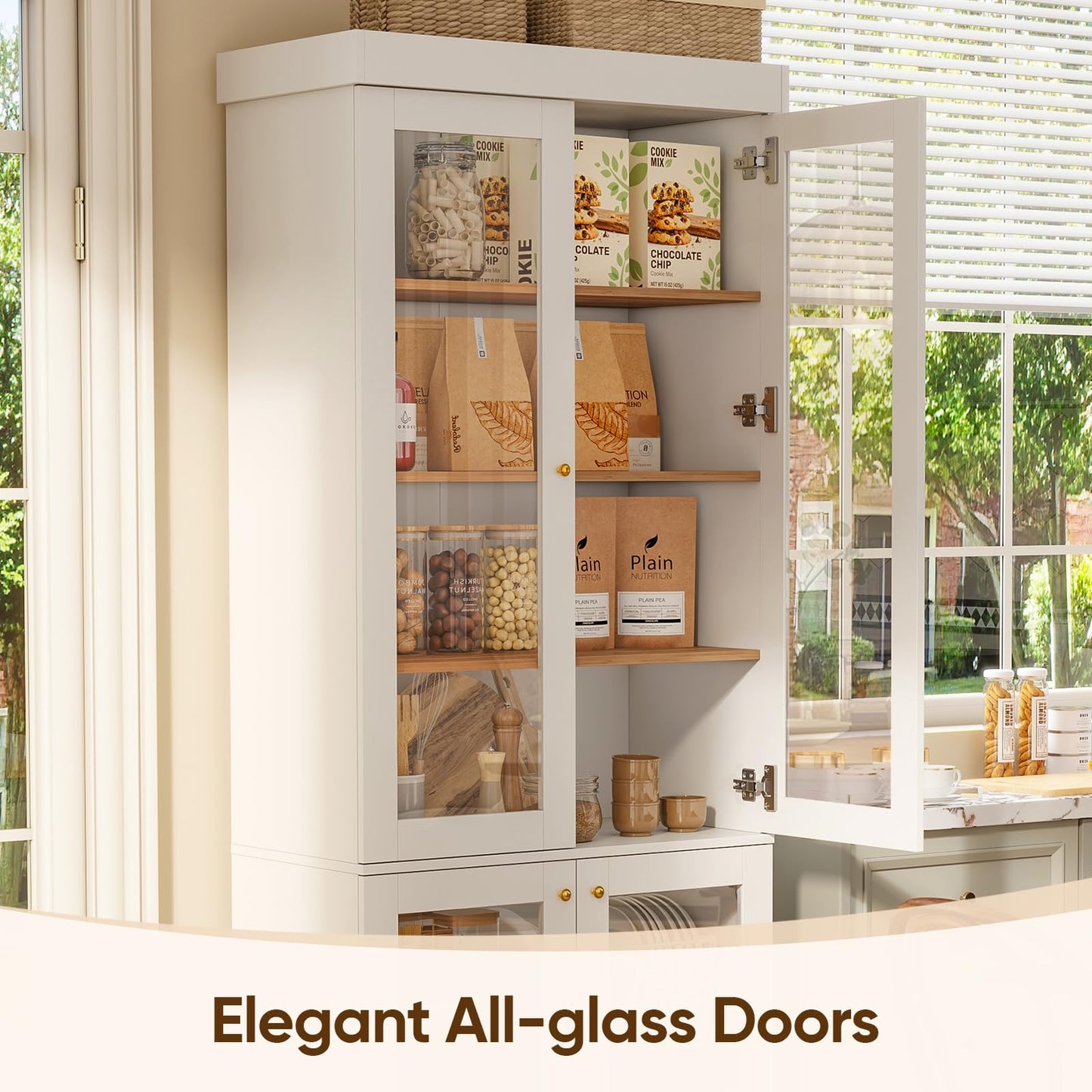 Myricore 70.8" Tall Farmhouse Kitchen Pantry Cabinet with Glass Doors, Modular Storage Cabinet with 6-Tier Adjustable Shelves, Wooden Hutch for Kitchen, Set of 2, White