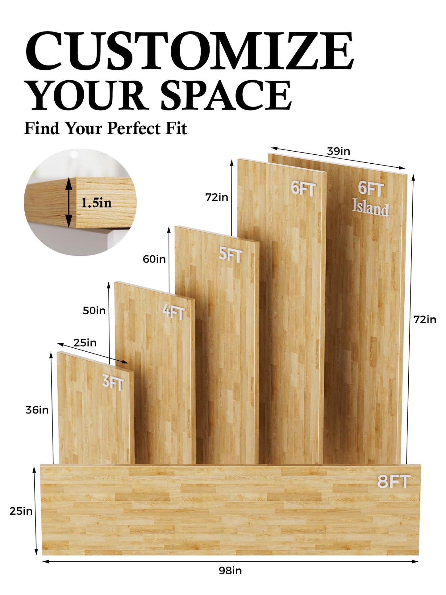 4FT Butcher Block Countertop Birch Solid Wood - 50" x 25" Table Top Butcher Block Cutting Board for Kitchen Island Cart Living Dining Office Desk Workbench Washer Dryer Countertop Unfinished 1.5" Th
