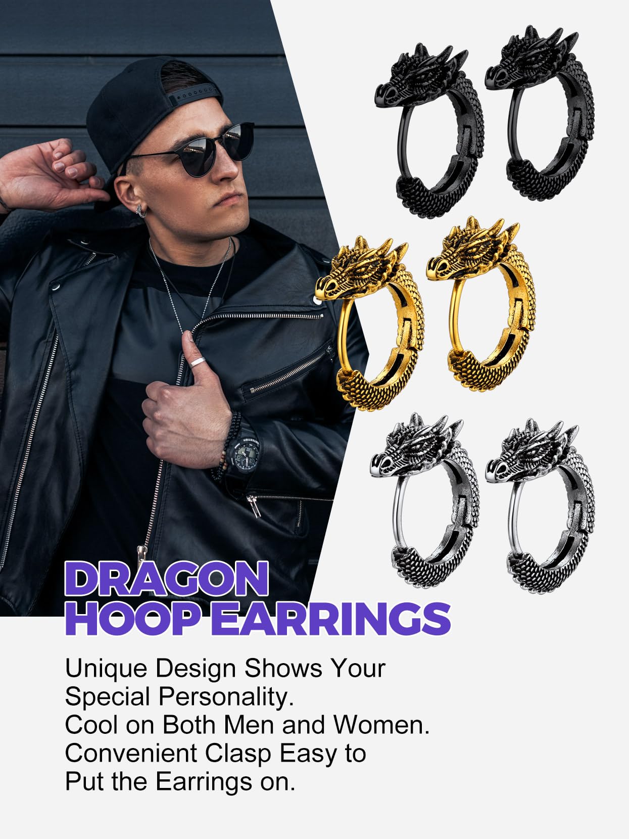 Richsteel Dragon Head Hoop Earrings - Stainless Steel Gothic Jewelry for Men & Women, Punk Rock Statement Earrings