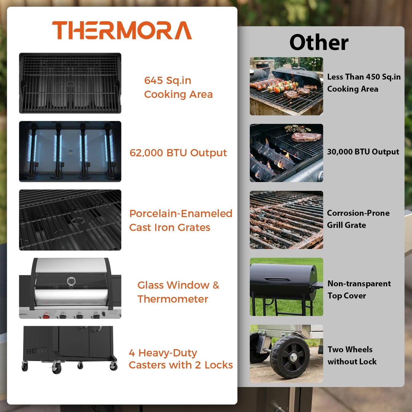 THERMORA 4 Burners Propane Gas Grill 62,000 BTU with Side Burner 645 sq.in, Porcelain-Enameled Grates BBQ Grills, Stainless Steel Propane Grill for Outdoor Cooking Barbecues Patio Garden Family Party
