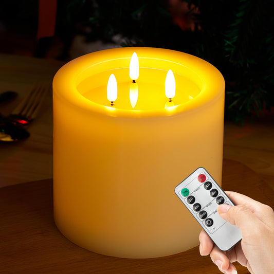 AFINETH Extra Large Flameless Candles with 3 Wicks, 6"x6" Real Wax Battery Operated Candles with Remote and Timer, Flickering LED Candles Fake Candle for Home, Wedding, Party, Ivory