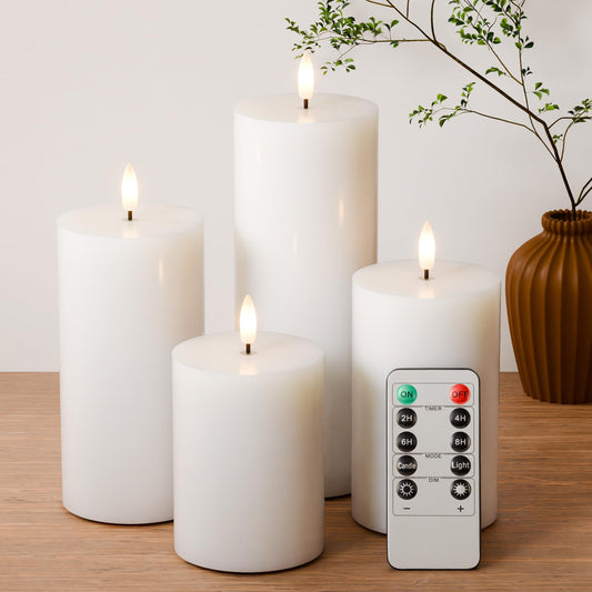 AFINETH White Flameless Pillar Candles, Battery Operated Wax Candles with Remote, Flat Top Flickering Flameless Candles, LED Candle for Home, Wedding, Party Decor, Set of 4, Φ 3" H 4"" 5"" 6"" 8"""