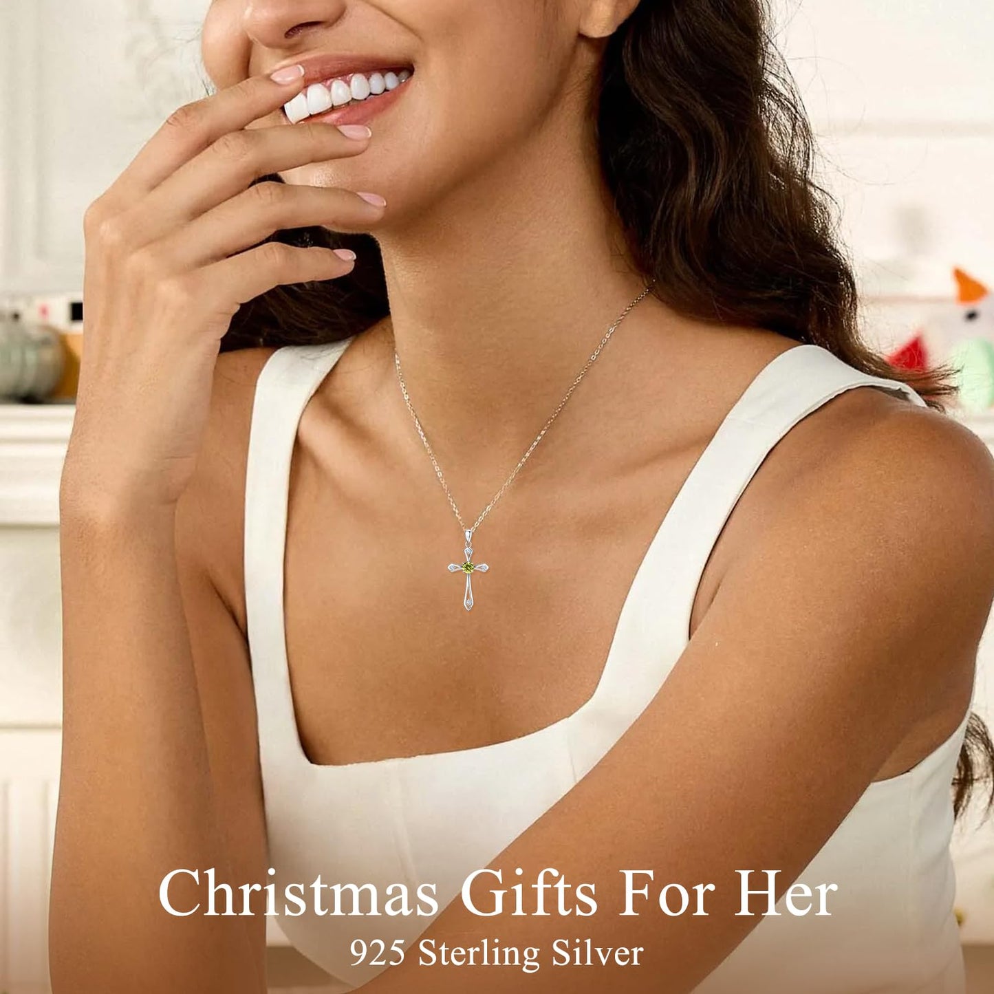 QUALISE Cross Necklace for Women,925 Sterling Silver August Birthstone Necklace Cross Pendant 5A CZ 12 Birth Months Birthstone Fine Jewelry Birthday Gifts for Her Wife Mom