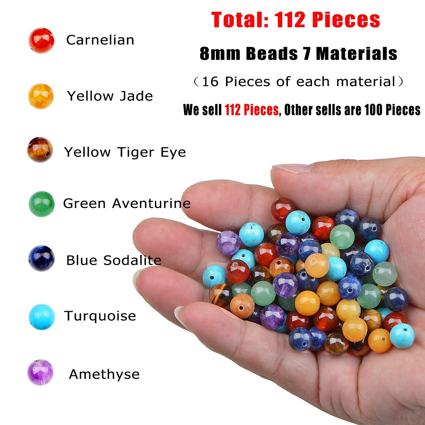 AD Beads 8mm Natural Loose Beads 112 Pieces for Making mala Necklace or Bracelet (7 Chakra Beads)
