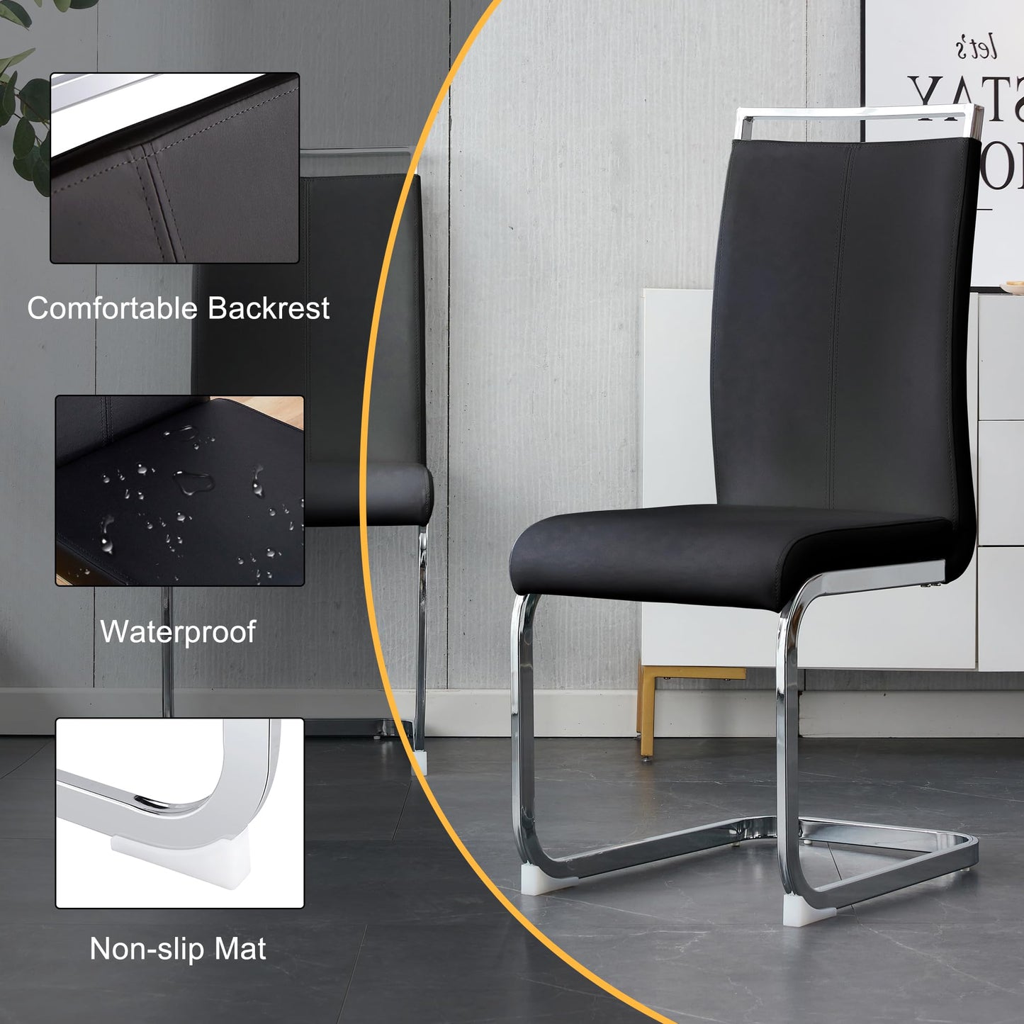 Ebullient Modern 7-Piece Dining Table Set, Tempered Glass Top, 6 PU Leather Ergonomic Chairs, Black