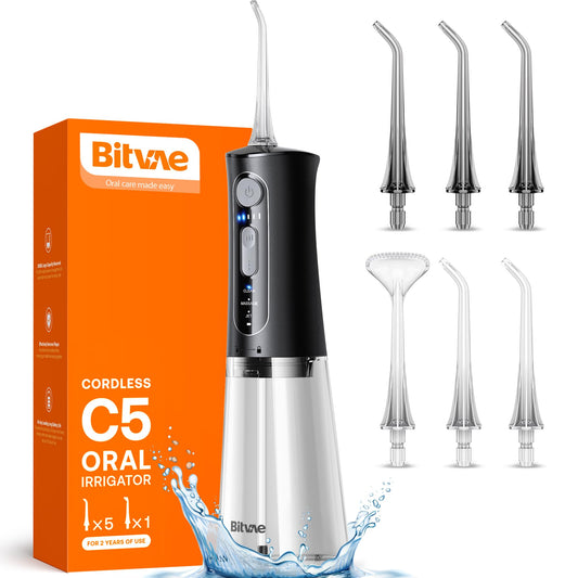 Bitvae Water Dental Flosser for Teeth Cordless, Water Teeth Cleaner Picks for Cleaning with 3 Modes & 5 Intensities, Oral Irrigator with 6 Jet Tips, IPX7 Waterproof, USB Rechargeable, Black
